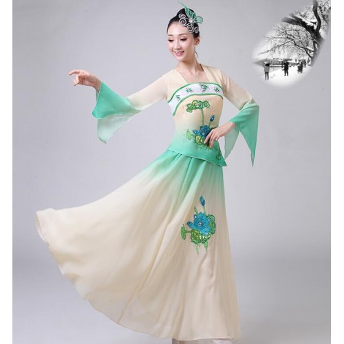 Women's chinese folk dance costumes for female pink green ancient traditional yangko fan fairy cosplay dance costumes 